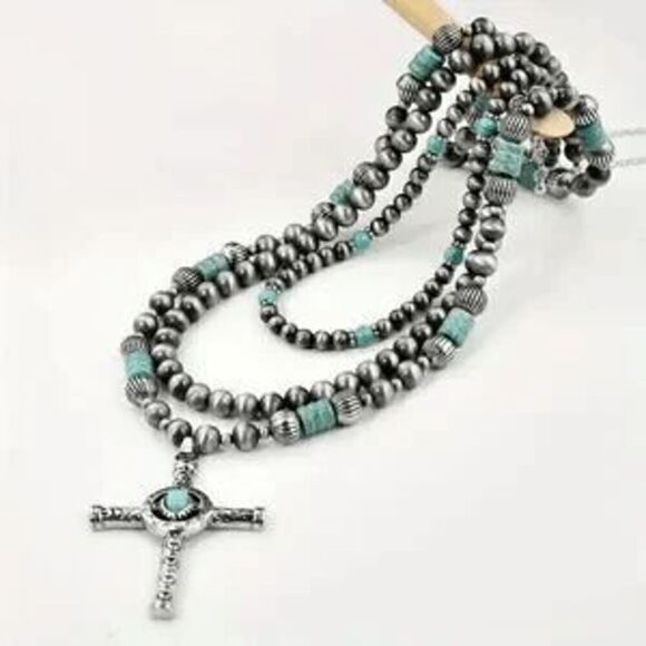 Western Turquoise Beaded Statement Cross Pendant Necklace - 3 Piece - Picture 6 of 7